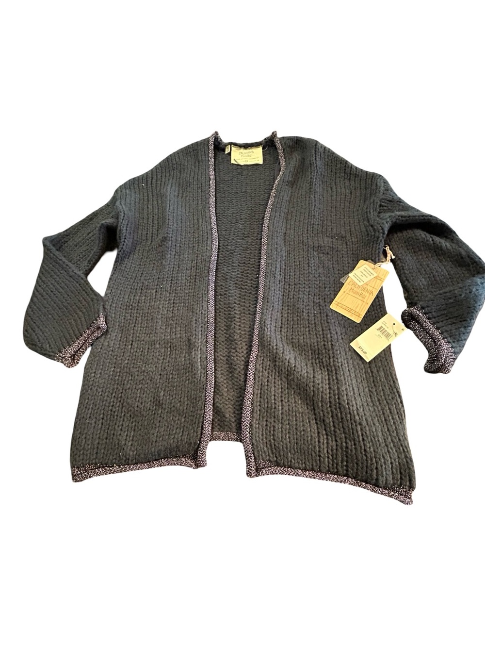NWT Lagenlook Grandmacore Chunky Knit Open Front Cardigan Metallic Trim Navy S